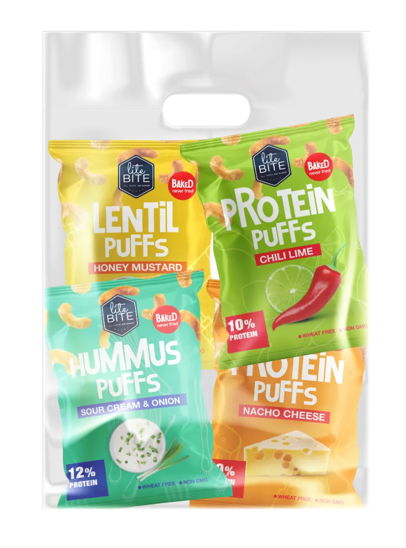 LiteBite Egypt HI PROTEIN PUFFS variety pack showing four assorted flavor bags