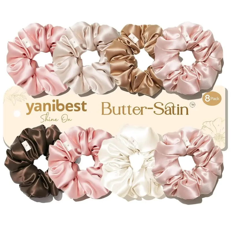 Yanibest Butter Satin Scrunchie 8 in 1 in light colorful shades, set of scrunchies displayed together