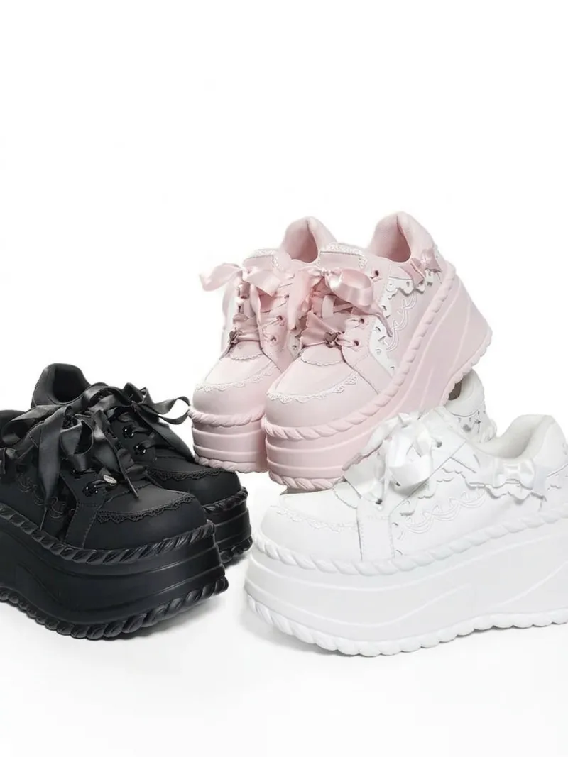 Shoptery Jirai Kei Satin Ribbon Lace Trim Platform Chunky Sneakers with round toe and chunky wedge sole