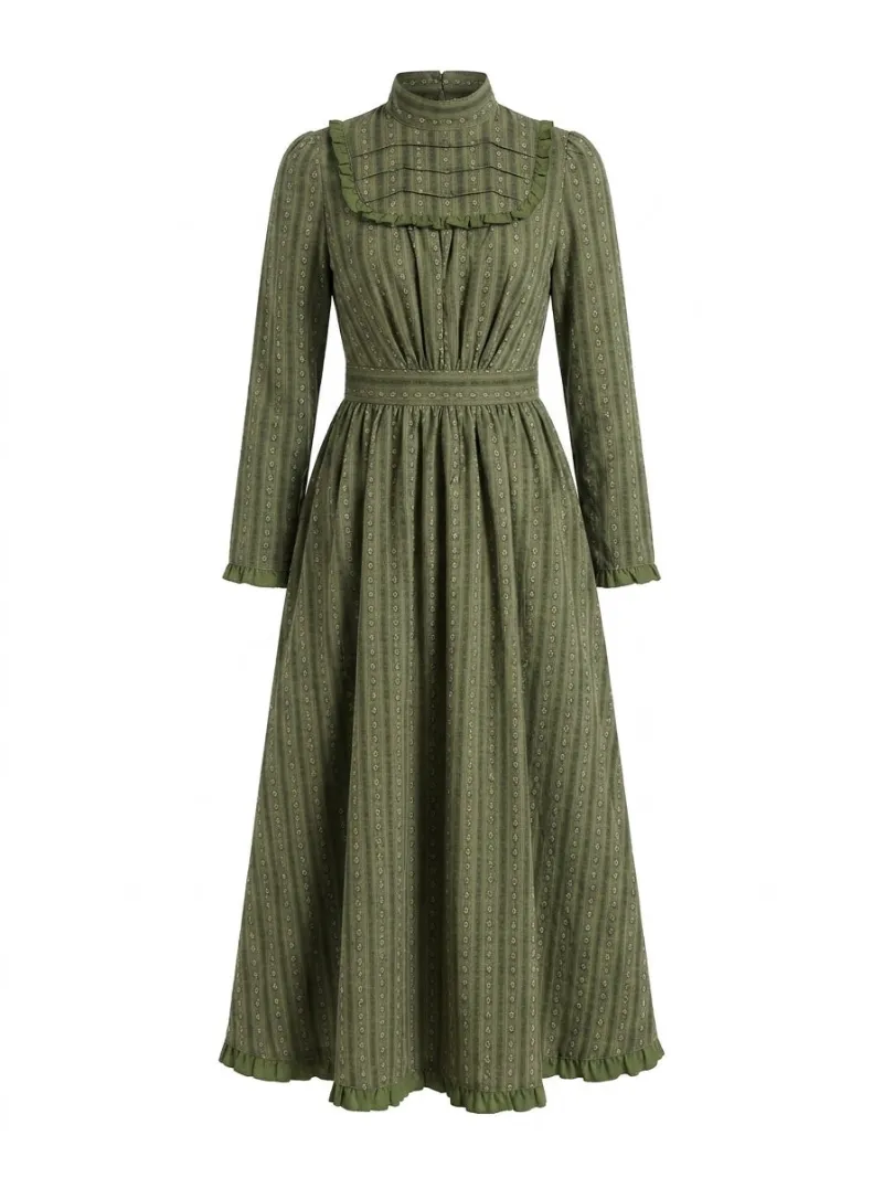 Cottagecore Clothes Cottagecore Moss Garden Pintuck Maxi Dress in deep forest green ditsy floral print with turtleneck