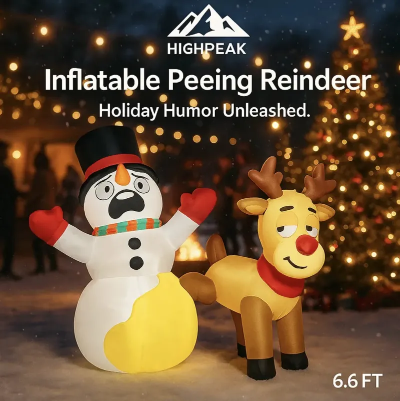 HighPeak 6.6FT Inflatable Peeing Reindeer, LED-lit reindeer on a snowman outdoor decoration