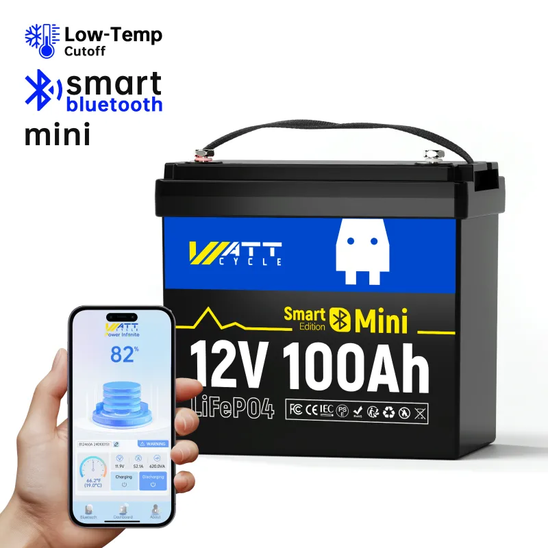 WattCycle 12V 100Ah Mini Bluetooth LiFePO4 Battery Group 22NF in lightweight compact design