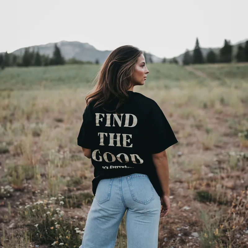 Find The Good Brand 3 Simple Words Embroidered Tee in black with chest embroidery and back design