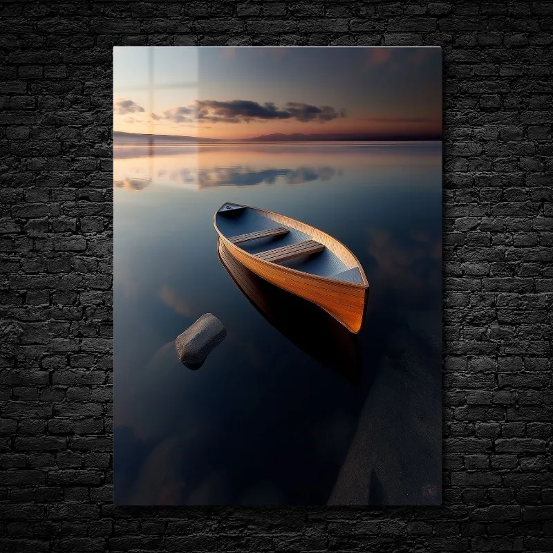 CruArt Reflections of Dawn Metal Print showing wooden boat on still water with sunrise horizon