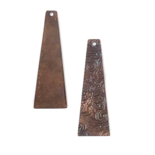 Cherry Tree Beads copper fan drop component with stamped flower pattern on a plain background