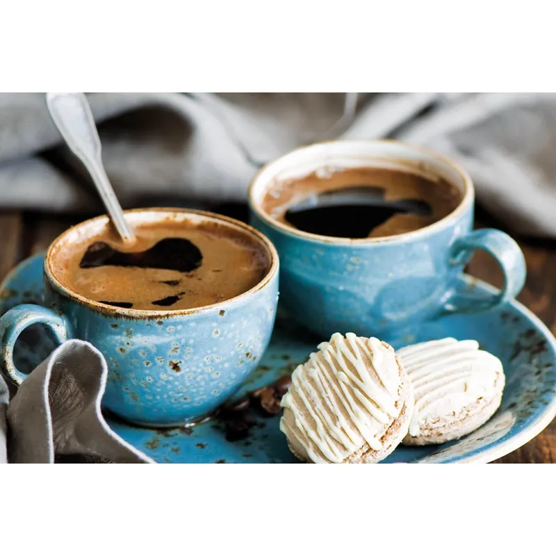 Varvikas 5D Diamond Painting Morning Harmony LC049e, two steaming coffee cups on blue saucers against calm background