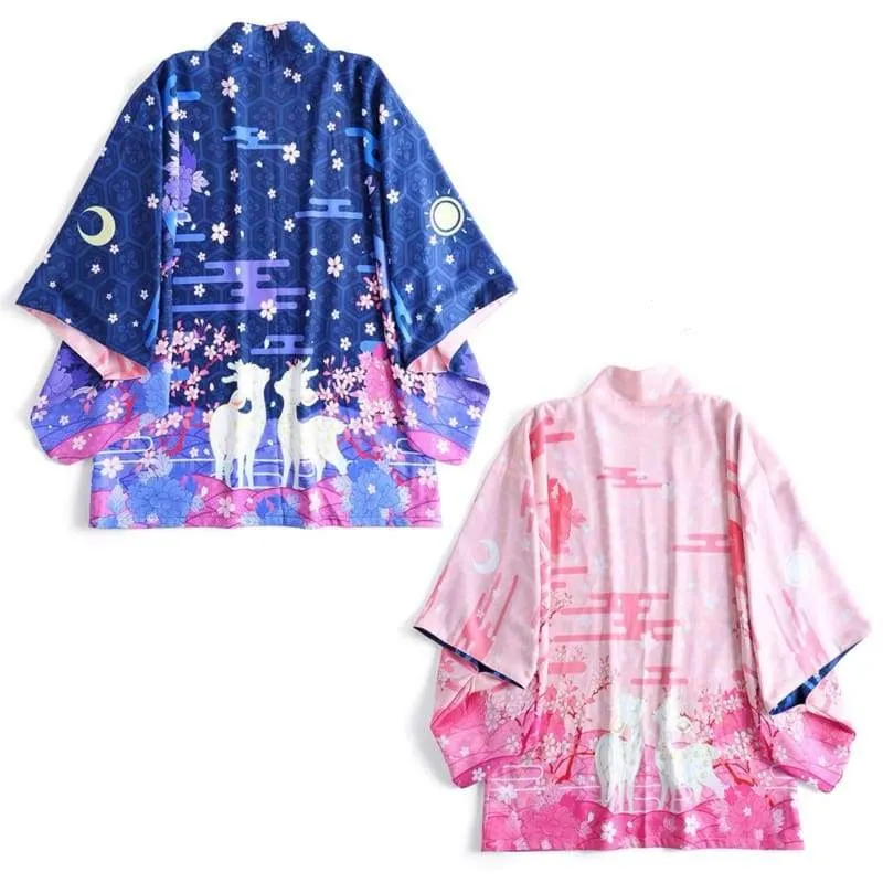 Foxtume Reversible Day & Night Deer Couple Haori showing pink and blue reversible sides with deer couple design