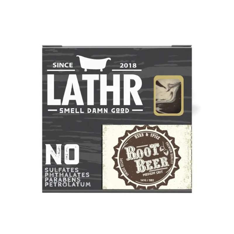 LATHR Root Beer Soap Bar with medium grit exfoliation and birch beer scent