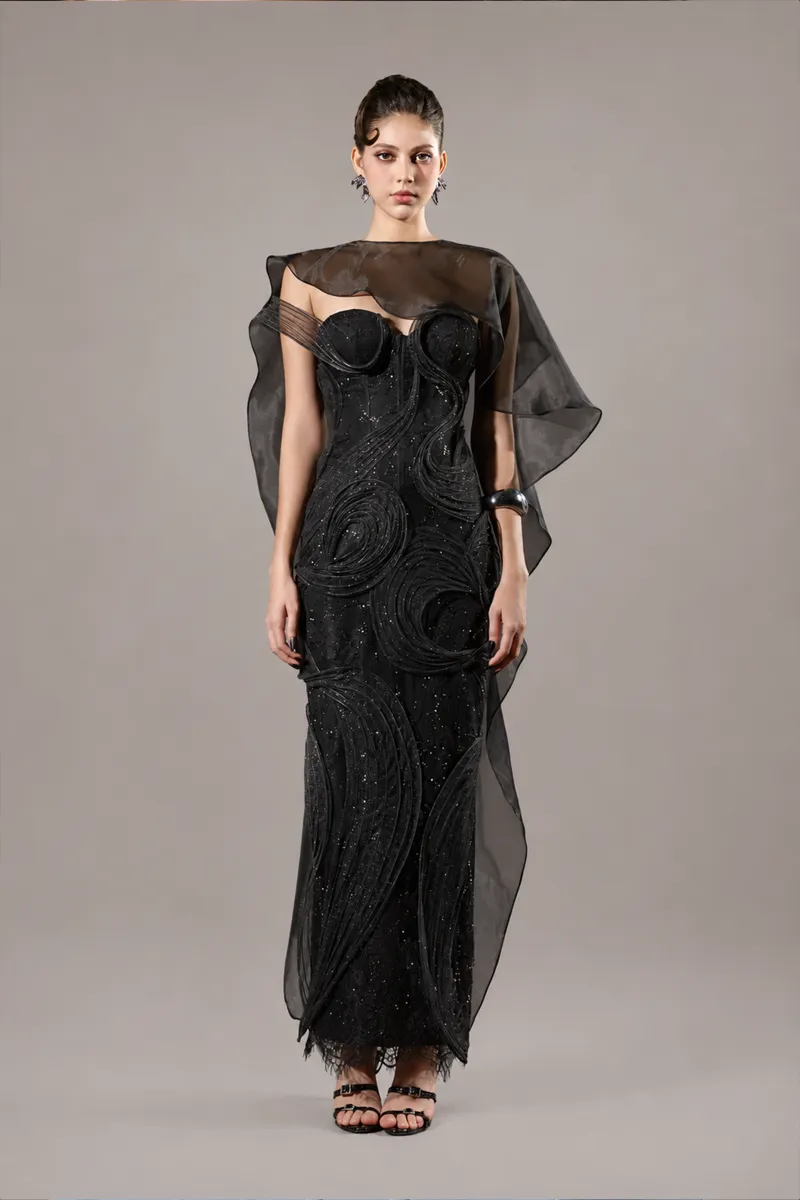 Kalisa Asha Couture Dual Style Bandeau Layered 3D Lines Maxi Dress With Veil, layered maxi with veil