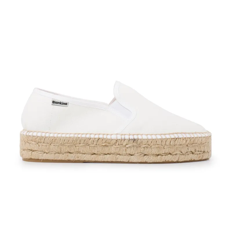 BIANKINA Palma Canvas Espadrille Platform Slip On in white, showing lightweight slip-on platform espadrille