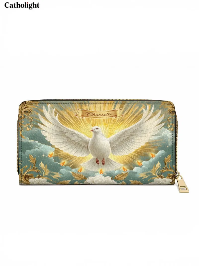 Catholight Grace of the Holy Spirit Personalized Leather Wallet Purse showing white dove and rose design