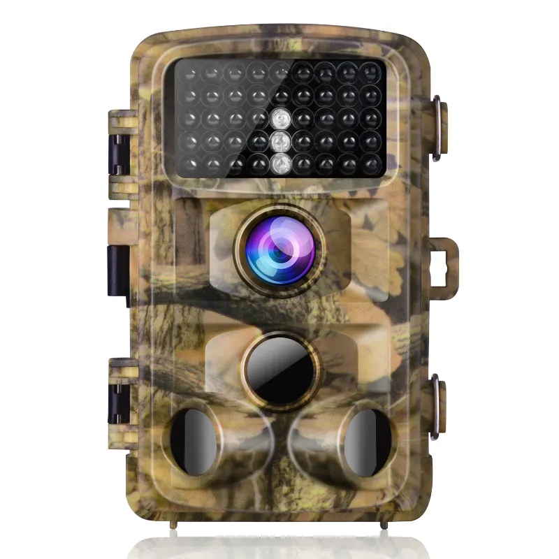 Voopeak T45 trail camera strapped to a tree in the woods