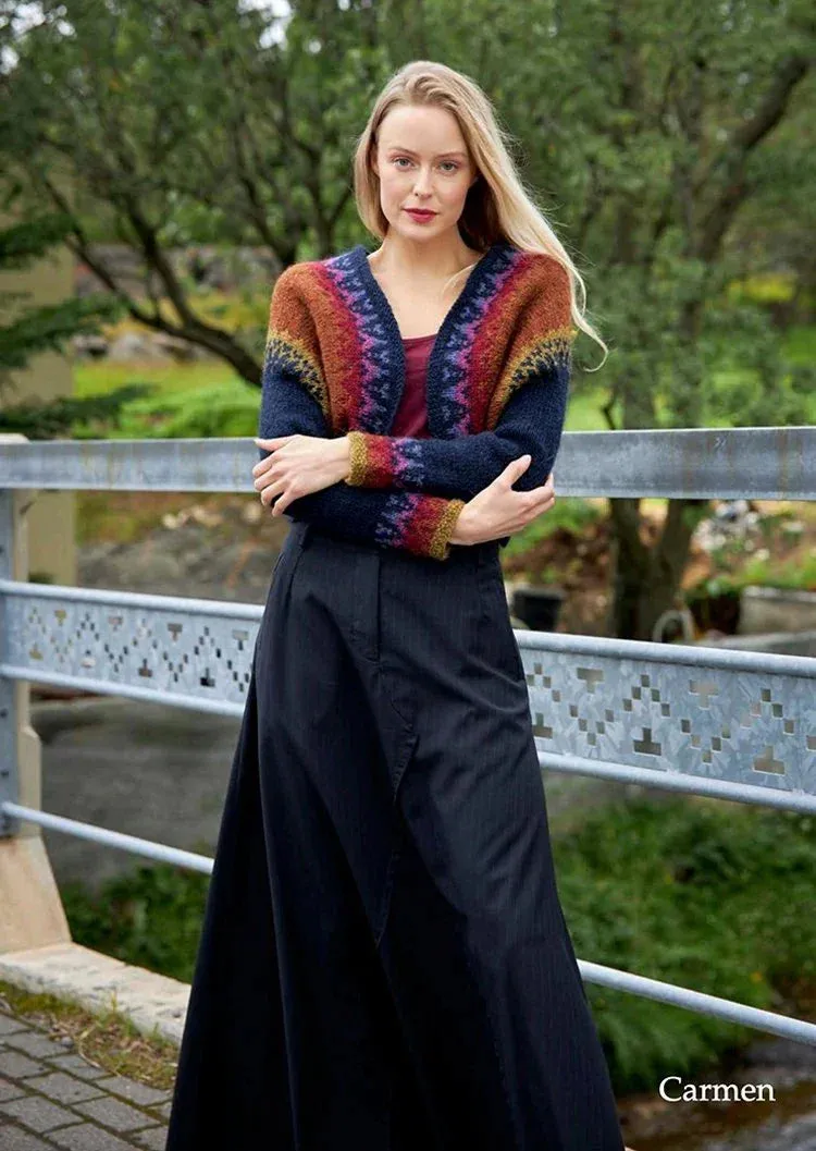 Nammi Carmen Wool Sweater in blue and rust red showing a hand-knitted Icelandic wool design