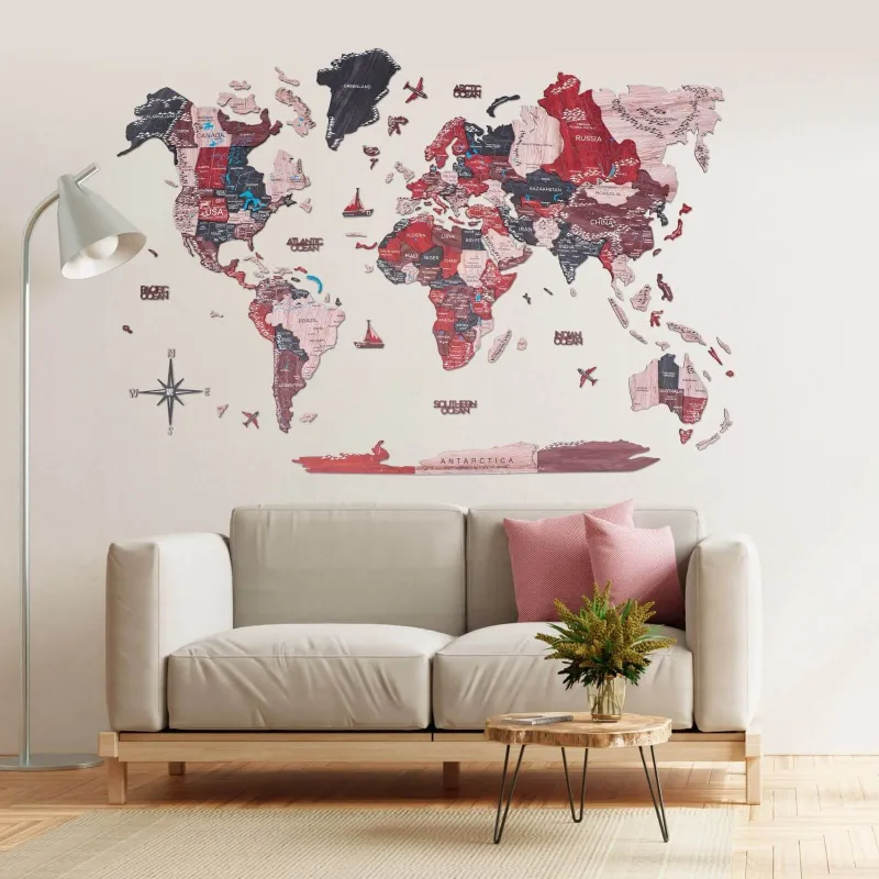 Enjoy The Wood 3D Wooden World Map Cliff with colorful layered continents on wall