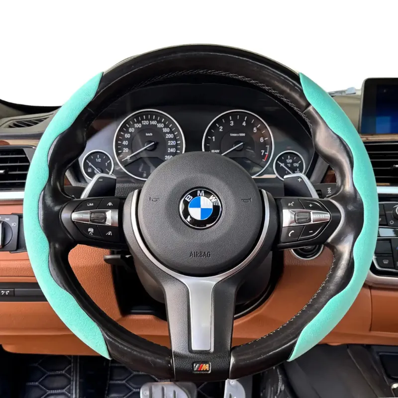 Luxus Car Mats Alcantara Minimalist Steering Wheel Cover, Classic Grip, Tiffany Blue color close-up
