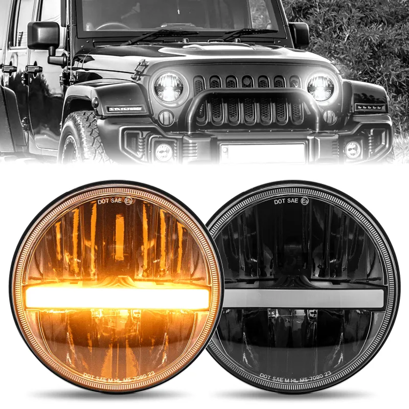 Sunpie 7 inch Round LED Headlights showing integrated amber turn signal and DRL for Jeep Wrangler JK JKU CJ TJ and classic vehicles