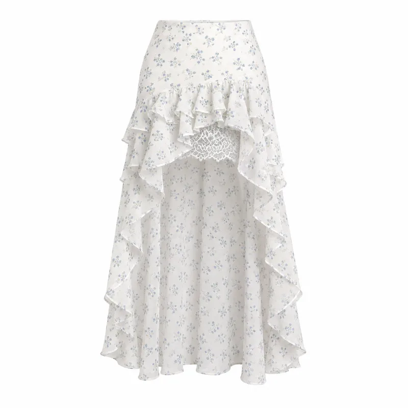 Cottagecore Clothes Cottagecore Forget-Me-Not Ruffle Skirt in cream with blue floral print and ruffles