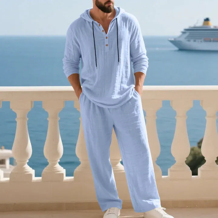 Falour Men's Linen Cotton Soft Breathable Set with button shirt and matching pants