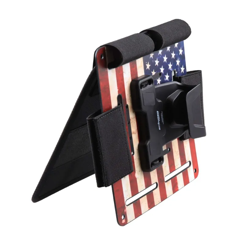 The Stinger Tools Bedside Magnetic Gun Mount in USA Flag design on bedside table