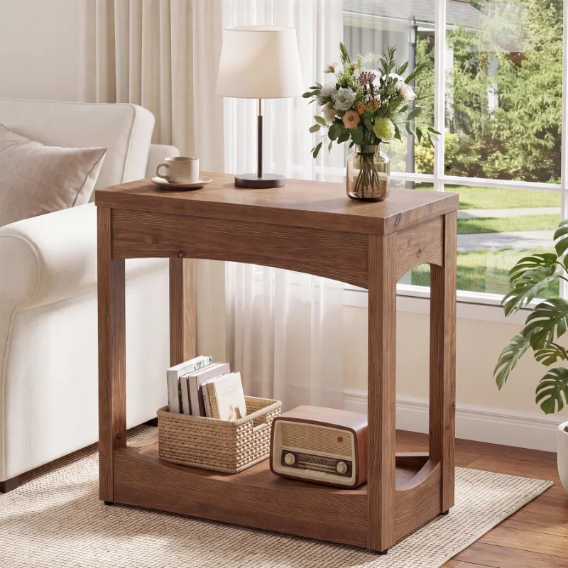 Tribesigns 23.62-inch solid wood end table with two-tier shelf in rustic finish