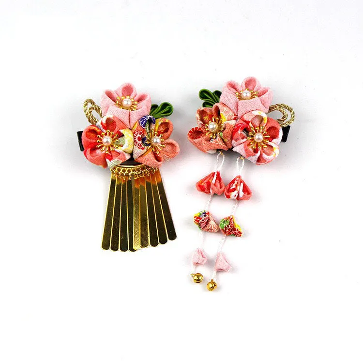 Foxtume Handmade Tsumami Kanzashi Hair Clip 2 Pieces Set Pink Sakura showing two pink sakura-patterned fabric hair clips
