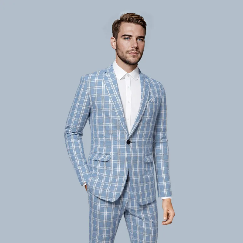 Cloudstyle C4B0133 Series One-Button Light Blue and White Check Plaid Blazer