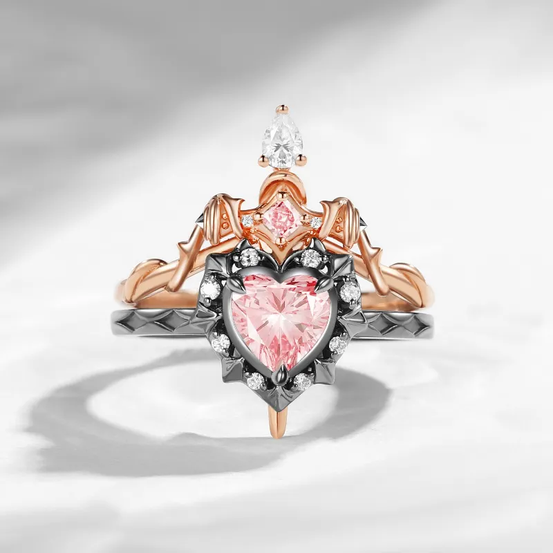 Starlandus 'Cupid's Arrow' Gothic IGI Certified Heart Cut Lab Pink Diamond Heart Sword Ring Alternative Bridal Set with pink diamond center