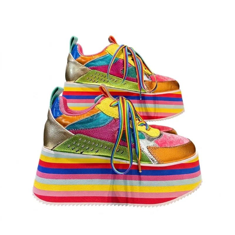 Shoptery Decora Rainbow Patchwork Platform Sneakers with Striped Sole, colour-blocked platform sneaker boots