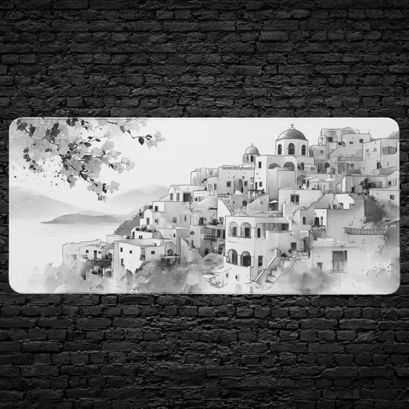 CruArt Santorini Greek Village Desk Mat in black and white ink style with dome churches and terraced houses