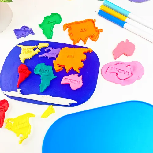 Fun House Toys World Map Play Dough Stencil Kit showing continent outlines for sculpting