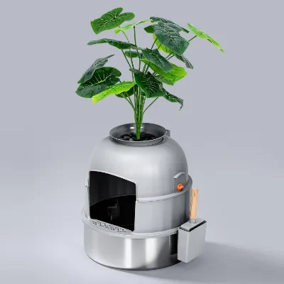 Furrbby Hidden Potted Plant Stainless Steel Litter Box, silver pot with plant on top