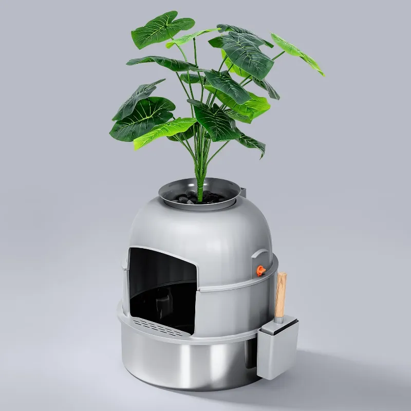 Furrbby Hidden Potted Plant Stainless Steel Litter Box, silver pot with plant on top