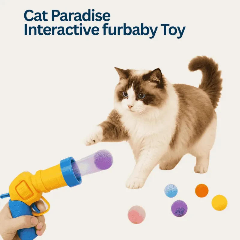 4FurBaby Interactive Cat Ball Launcher Toy Set with Plush Balls beside a pile of colorful plush balls