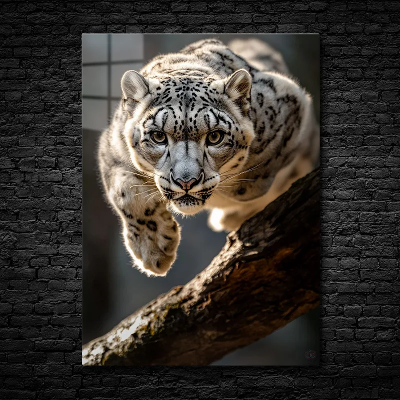 CruArt Graceful Hunter metal print showing snow leopard mid-leap with focused expression
