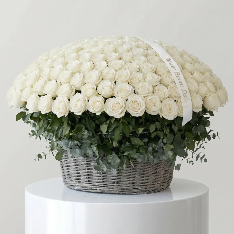 Flower Boom Dallas Luxury White Roses In A Basket large bouquet arrangement