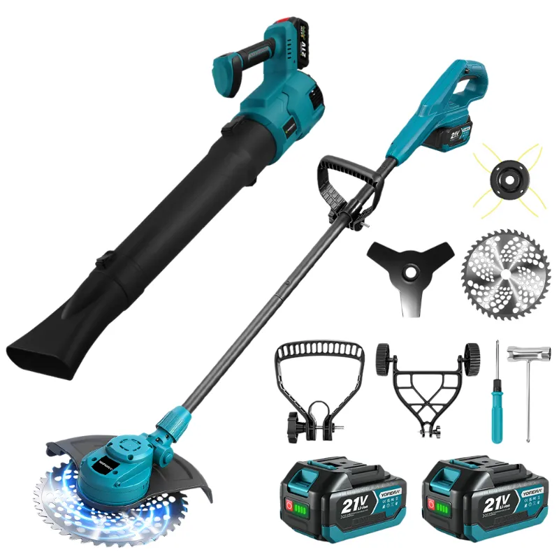 NewBeny 10" cordless grass trimmer and leaf blower combo kit, both tools displayed with batteries and charger