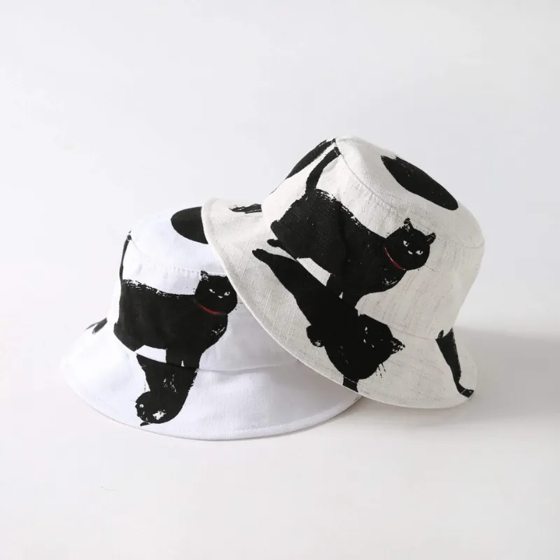Juwas Black Cat Bucket Hat featuring an embroidered cat face on a structured crown.