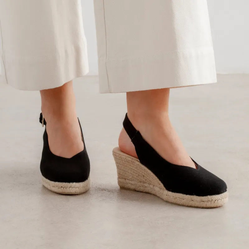 BIANKINA Murcia Organic Canvas Espadrille Wedges in black with ankle strap and jute sole