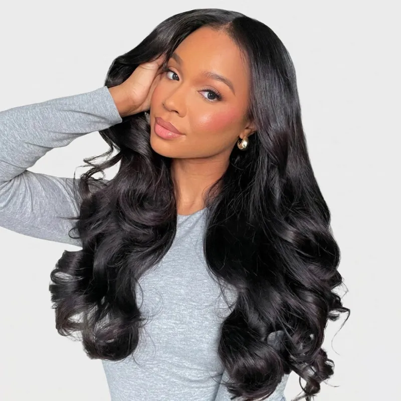 Megalook 13x4 lace frontal body wave wig with invisible knots and natural black hair