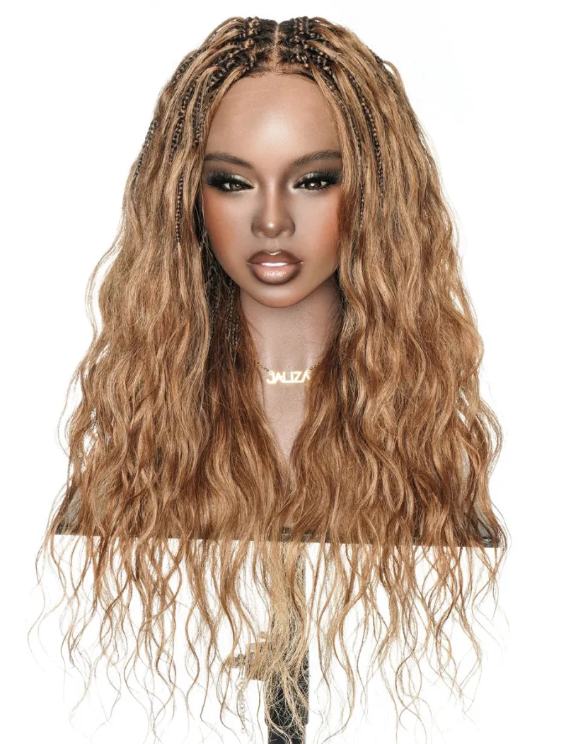 Jaliza Michelle 22 inch Ombre Brown Glueless Boho Box Braided Wig with human hair body curls