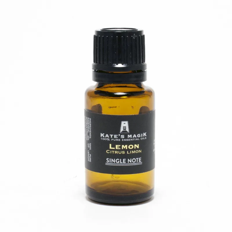 Kates Magik Lemon Essential Oil bottle with yellow citrus fruit label