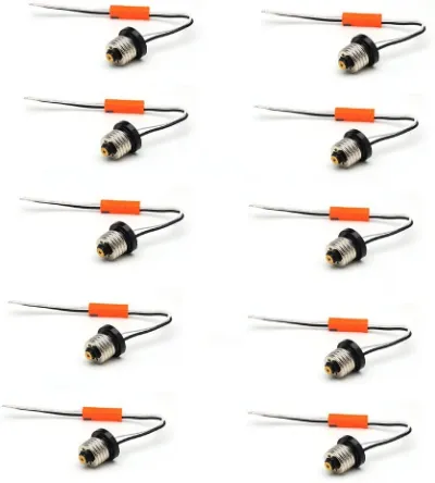 AIBOO E26 Edison Socket Screw 10 pack with male and female connectors and black and white wires on a workbench