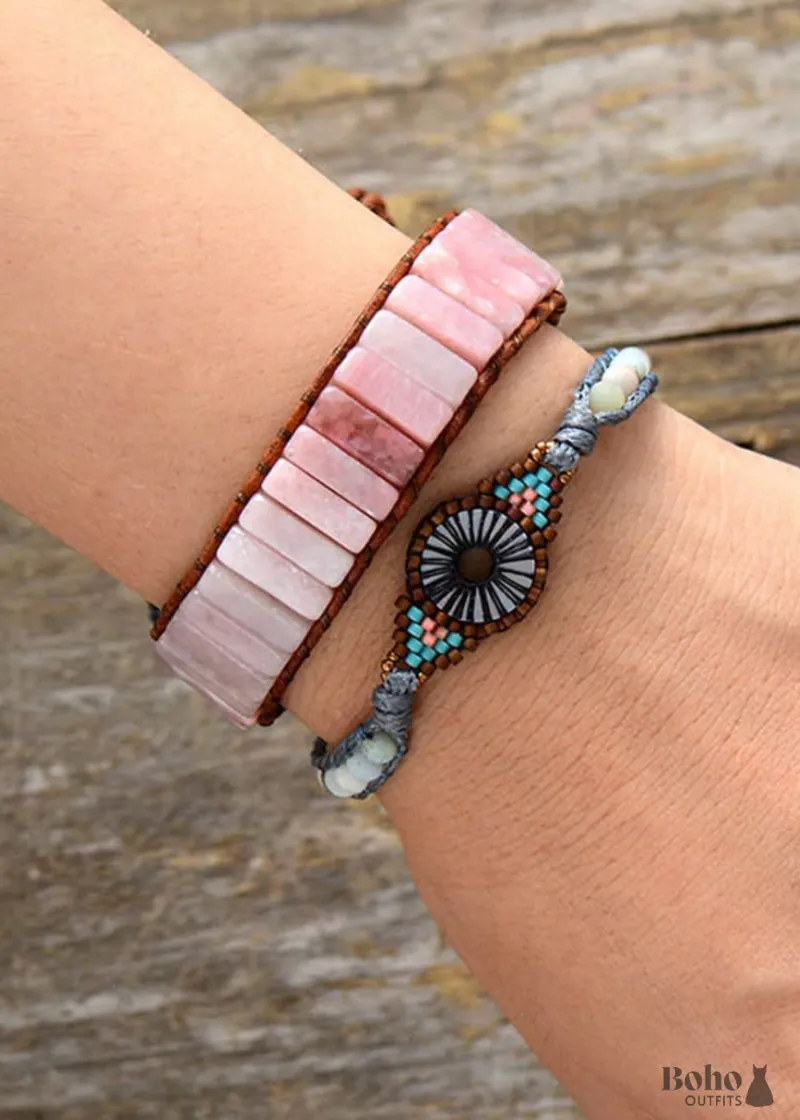 Boho Dress Boho Bracelet, Leather Wrap Bracelet, Weave Bracelet with Frosted Blue Amazonite stone