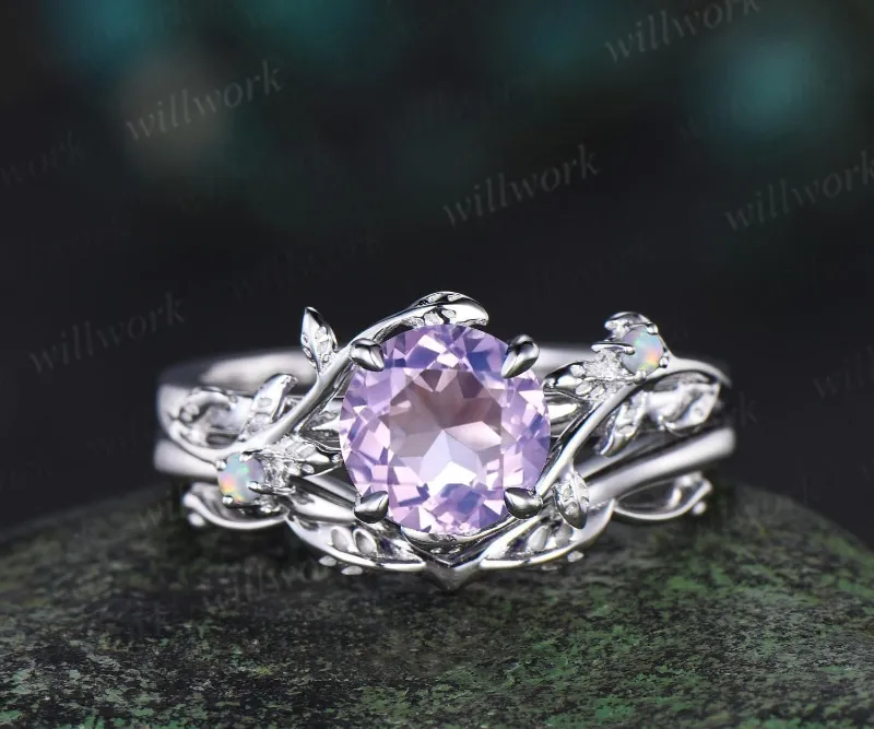 WillWork Jewelry 1ct round cut Lavender Amethyst engagement ring vintage branch opal ring, white gold band with leaf details