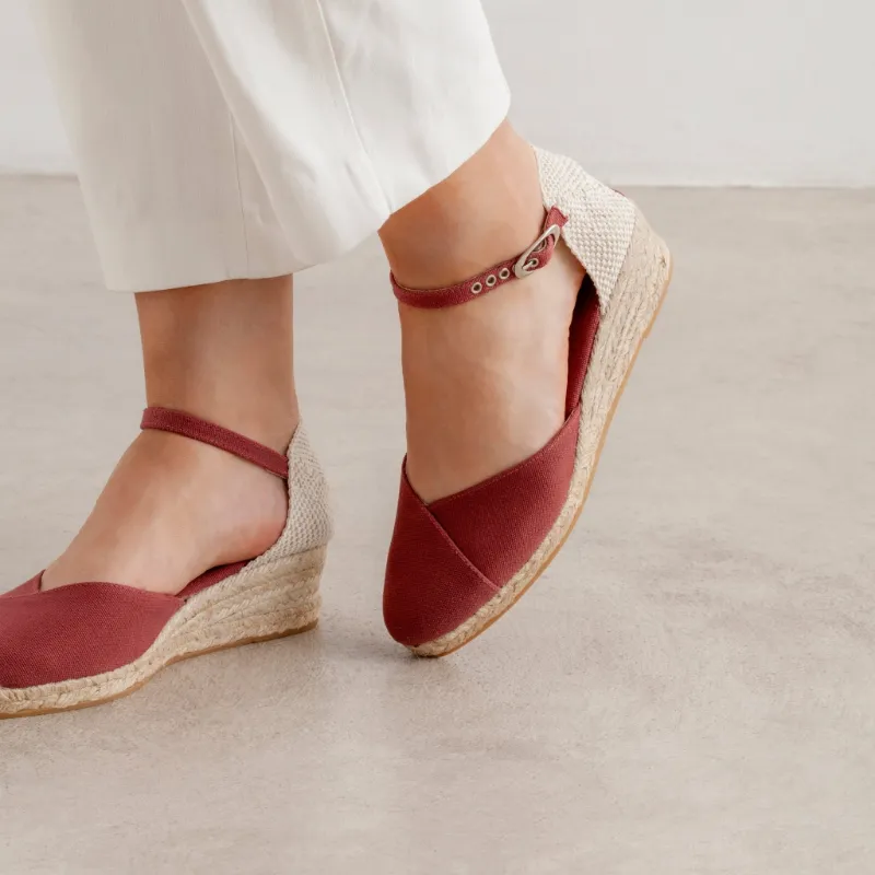 BIANKINA Girona Eco Canvas Vegan Espadrille Wedges in garnet red with ankle strap
