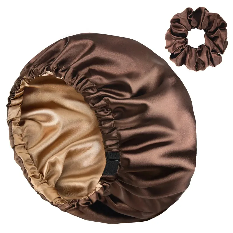Yanibest Silk Butter Satin Bonnet in dual brown shown with adjustable elastic band