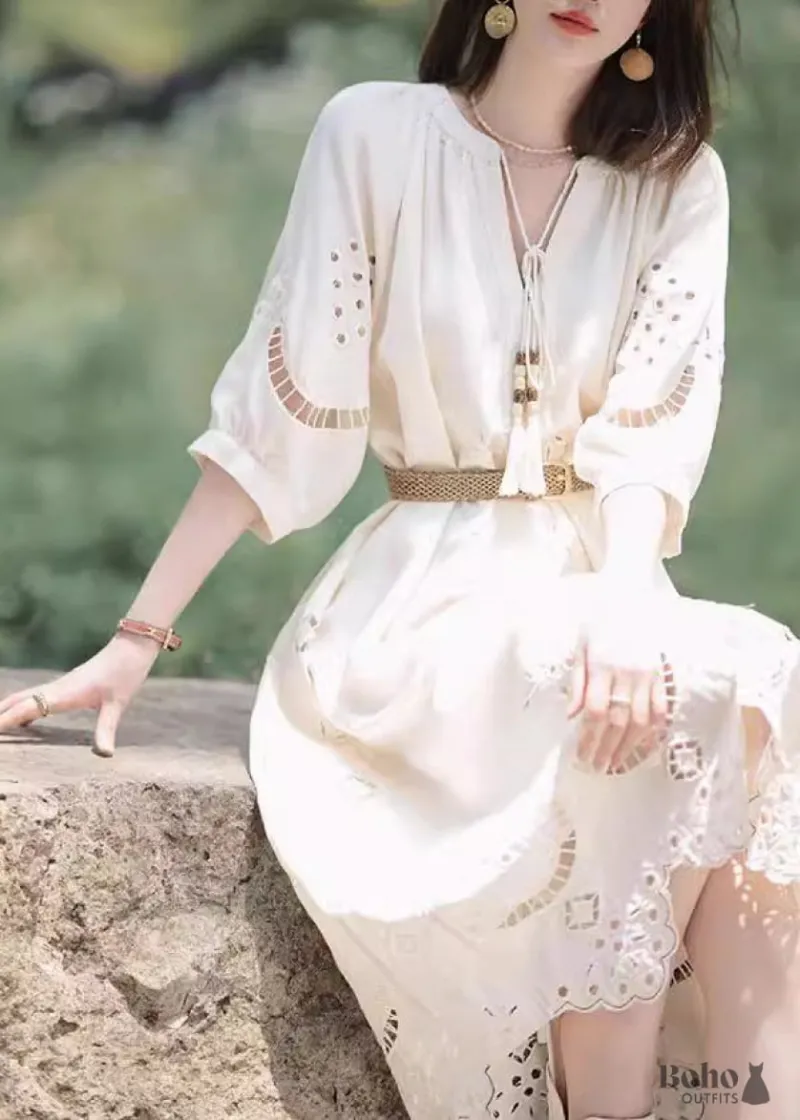 Boho Dress 2024 New Boho V-neck White Dress, white cotton linen boho dress product photo