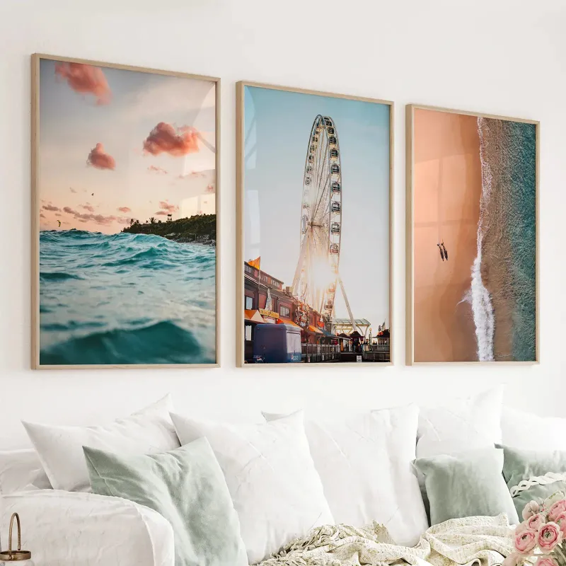 Wall Art Set California Travel Wall Art Prints showing ferris wheel, ocean sunset in blue and pink
