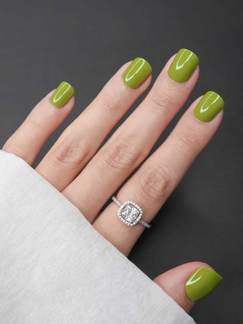 Roxy Nails Paris Olive grove warm olive green press on nails in extra extra short square rounded shape