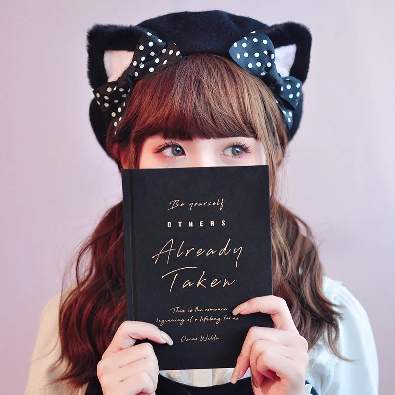 Juwas Black Polka Dot Woolen Cat Ears Beret showing the playful knitted texture and upright cat ear silhouette.